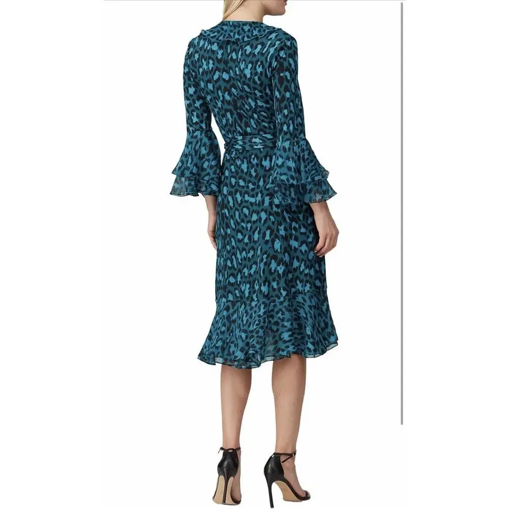 Diane Von Furstenberg DVF Carli Wrap Dress 2 Teal Leopard Silk Jersey NWT - Picture 5 of 12